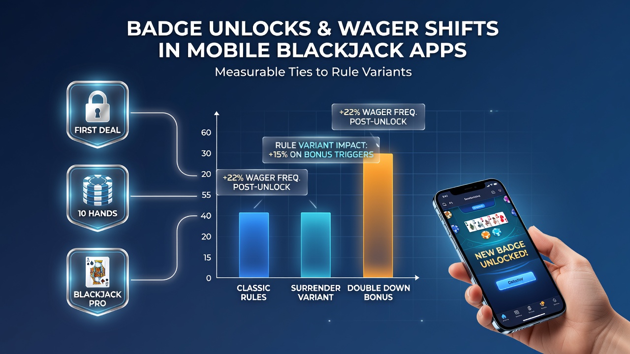 Mobile blackjack app interface displaying badge unlock notifications alongside wager tracking metrics for different rule sets