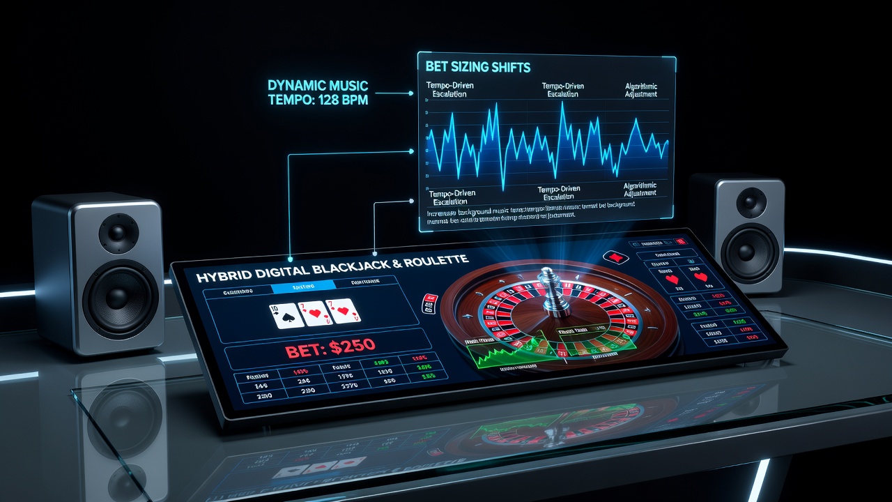 Close-up of digital roulette wheel and blackjack table with overlaid music tempo graph