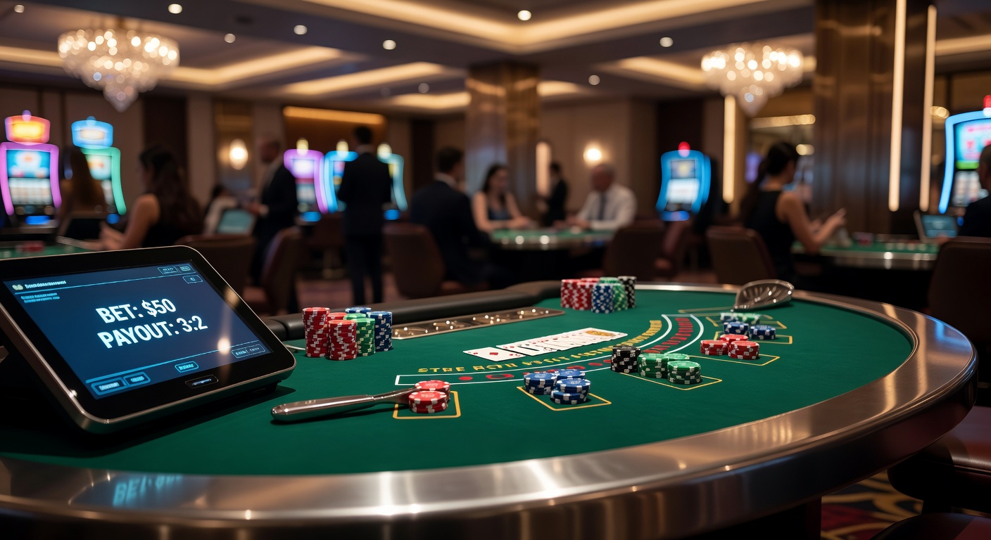 Busy casino table game scene featuring blackjack with players engaged around a green felt table and a dealer distributing cards under bright overhead lights