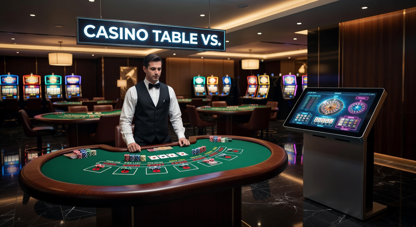 Array of colorful slot machines in a brightly lit casino aisle, screens flashing jackpots and bonus features amid player pulls on levers and buttons