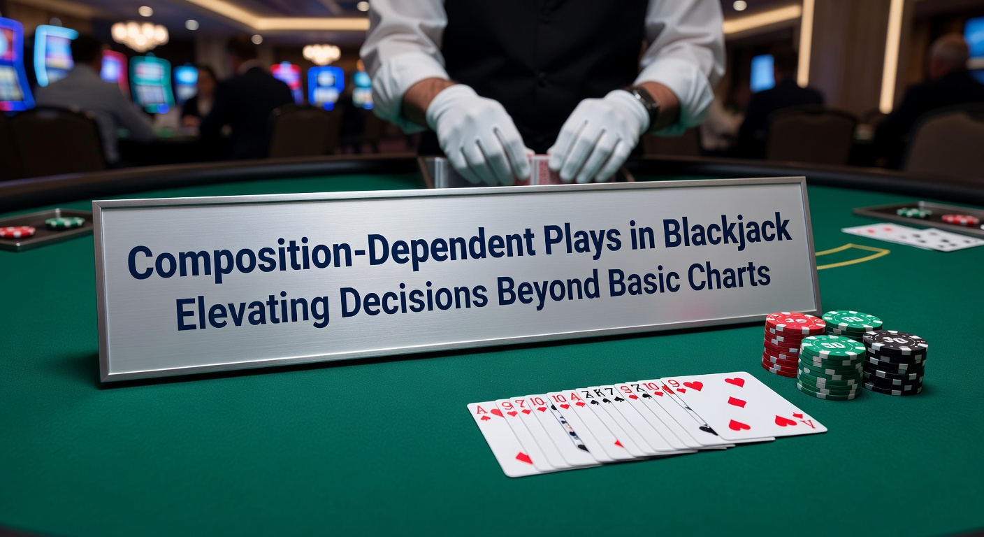 Blackjack table with strategy charts highlighting composition-dependent decisions, showing player hands like 9-7 versus 10-6 against dealer upcards