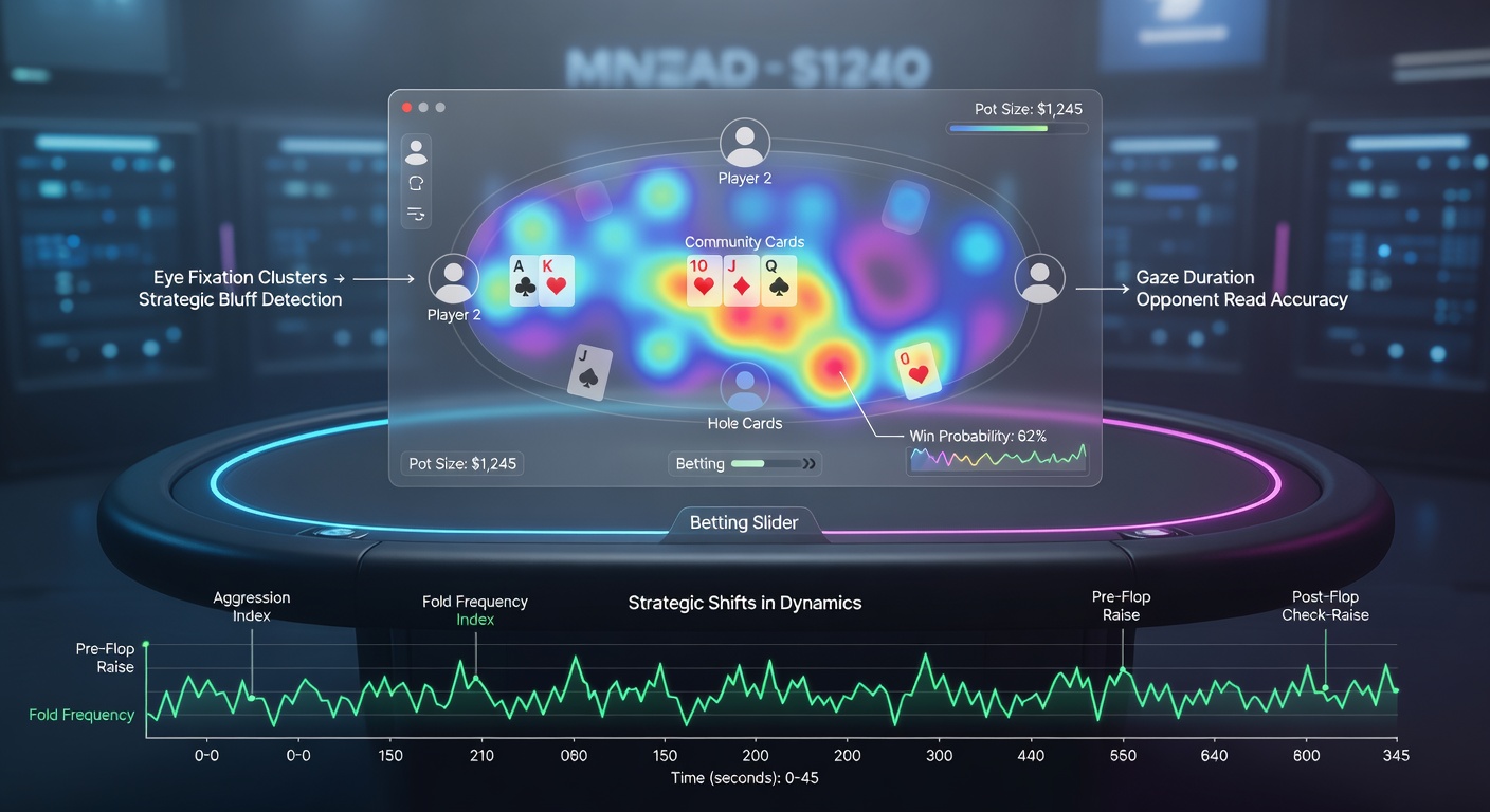 Eye-tracking visualization overlay on a virtual poker interface showing gaze patterns during betting decisions
