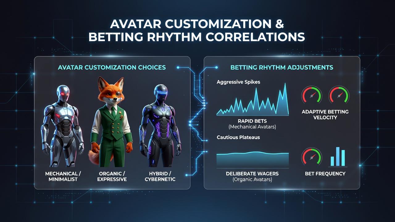 Avatar customization interface in a networked virtual card game showing various options for character appearance and their potential links to player behavior patterns