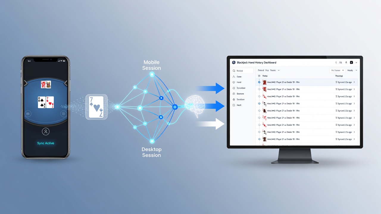 Diagram showing latency effects on hand history recall during mobile to desktop transitions in blackjack