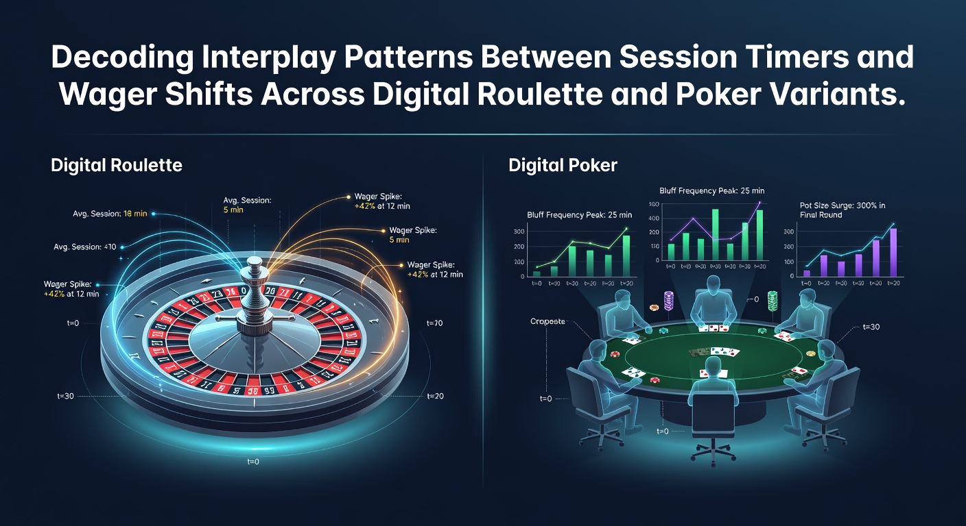 Digital interface showing session timer alongside roulette wheel and poker table layouts with wager indicators