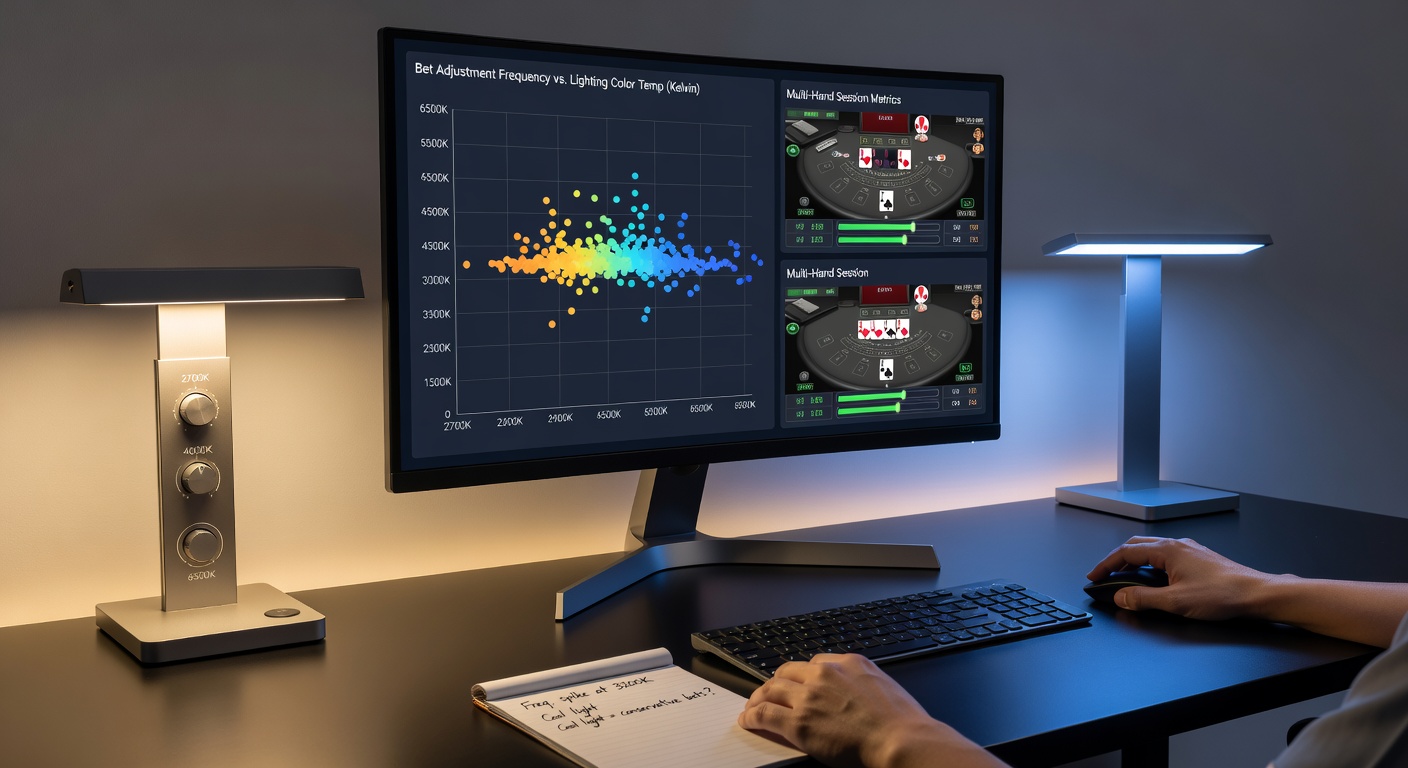 Virtual multi-hand card session setup showing monitor lighting conditions in a controlled environment