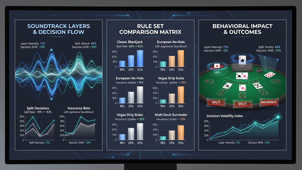 Dynamic soundtrack layers visualized in an online blackjack interface showing split and insurance decision prompts