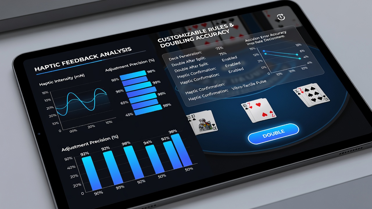 Touchscreen blackjack interface showing haptic feedback zones during doubling decisions with customizable rules