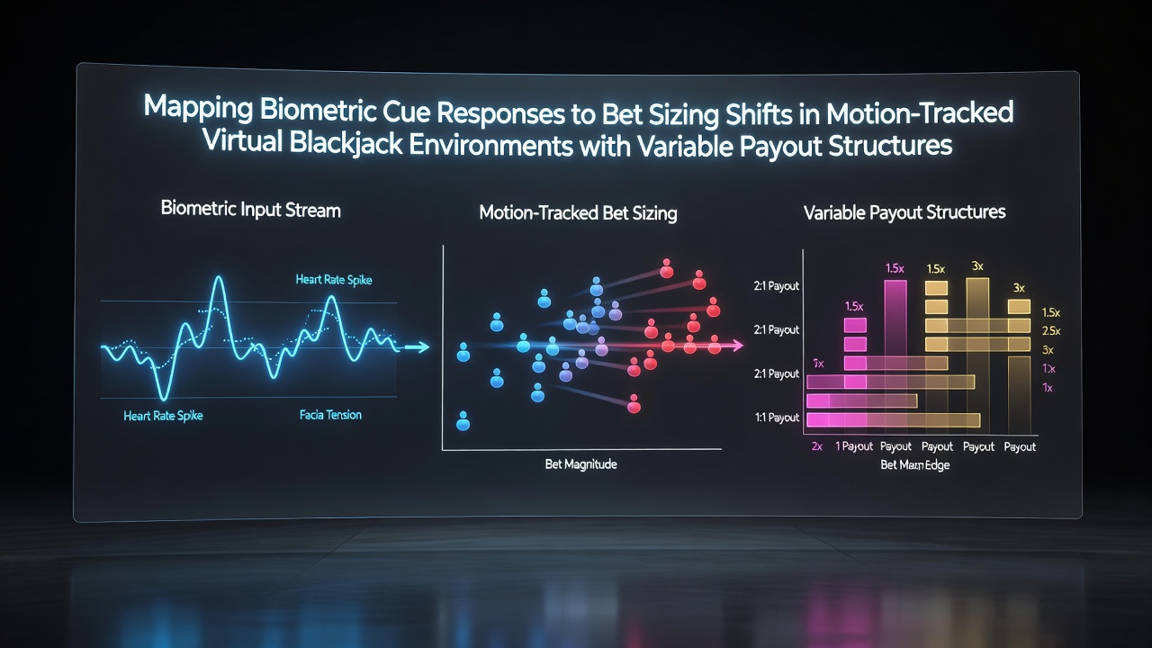 Motion-tracked virtual blackjack setup showing biometric sensors and variable payout displays in a simulated casino environment