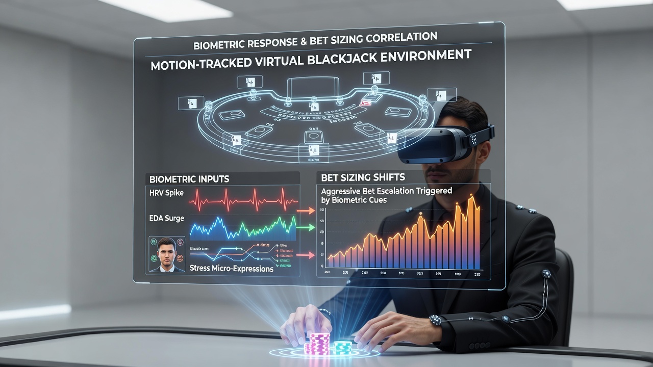 Detailed view of biometric data overlays on virtual blackjack interface highlighting heart rate and posture correlations with bet changes