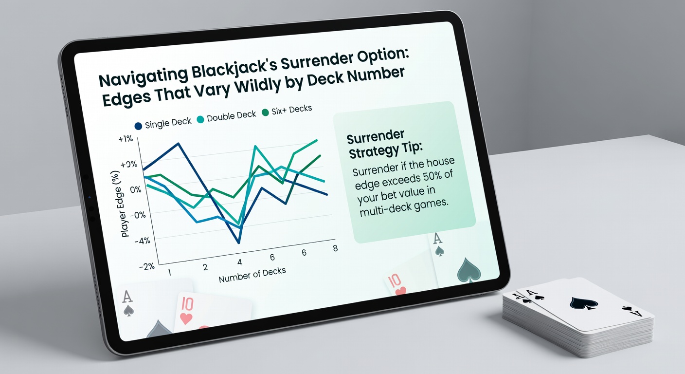 Graph illustrating house edge reductions for surrender across 1 to 8 decks, with lines diverging sharply for single vs. multi-deck