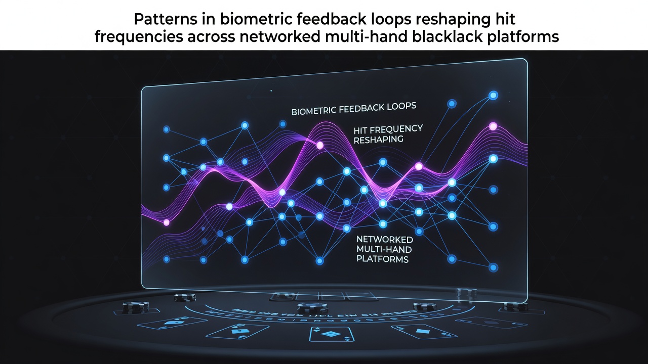 Networked multi-hand blackjack interface displaying real-time biometric overlays on player decision panels