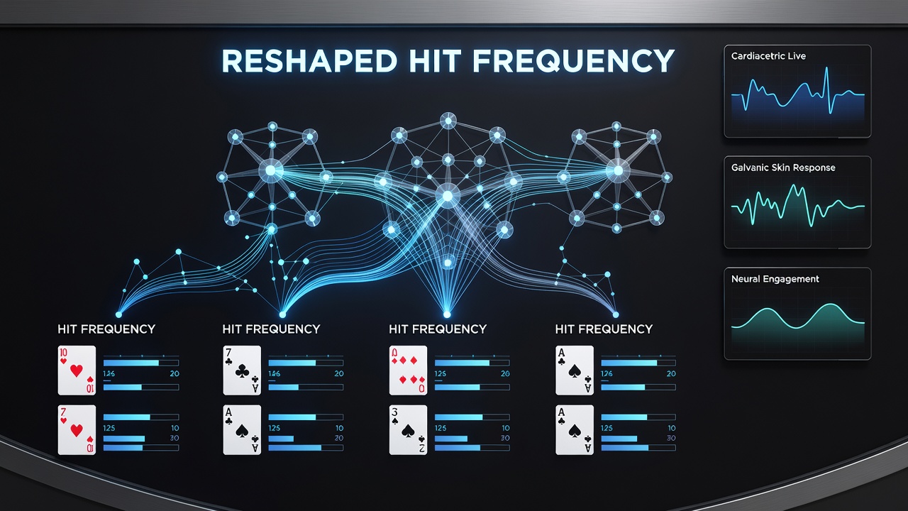 Close-up of biometric sensor data streams overlaid on a multi-hand blackjack layout showing pulse and gaze metrics
