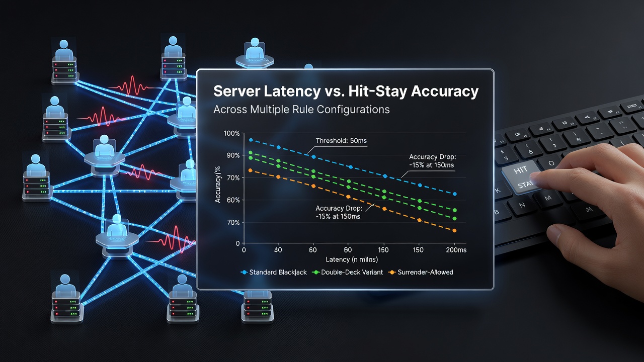 Server response times visualized alongside player decision points in an online blackjack interface showing varied rule sets