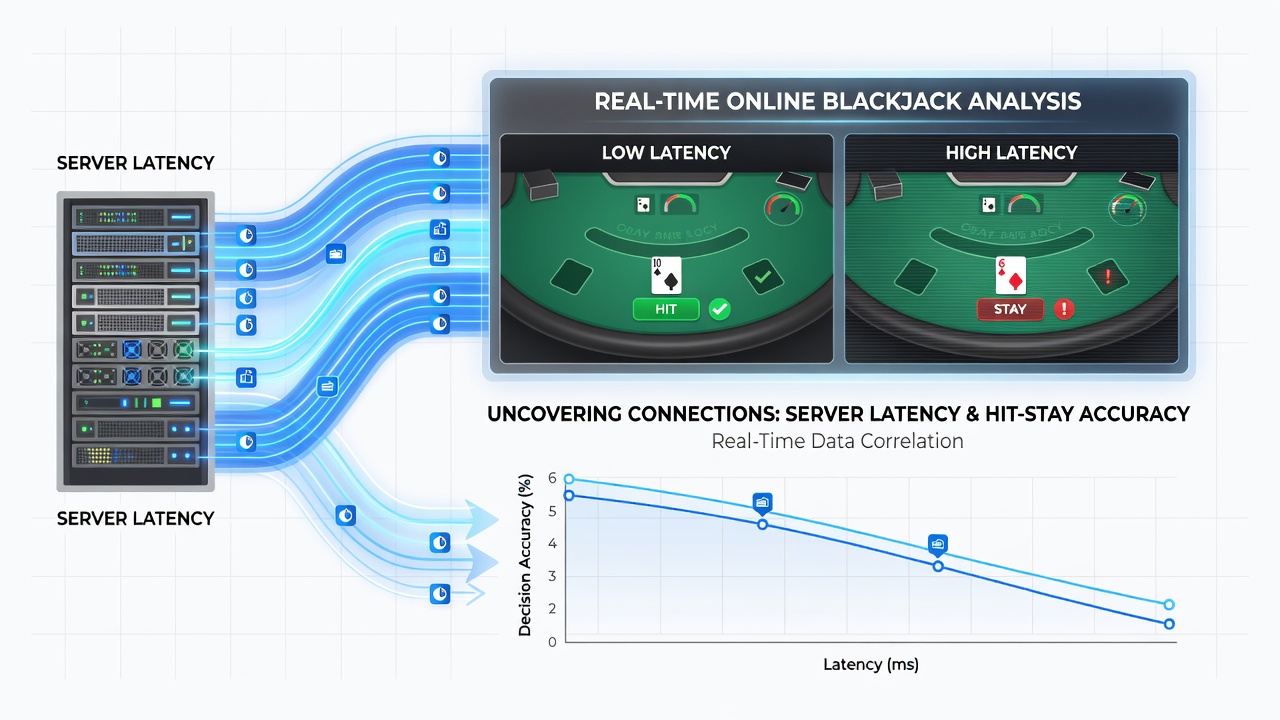 Detailed breakdown of hit versus stay accuracy rates plotted against increasing server latency levels under different blackjack rule variants